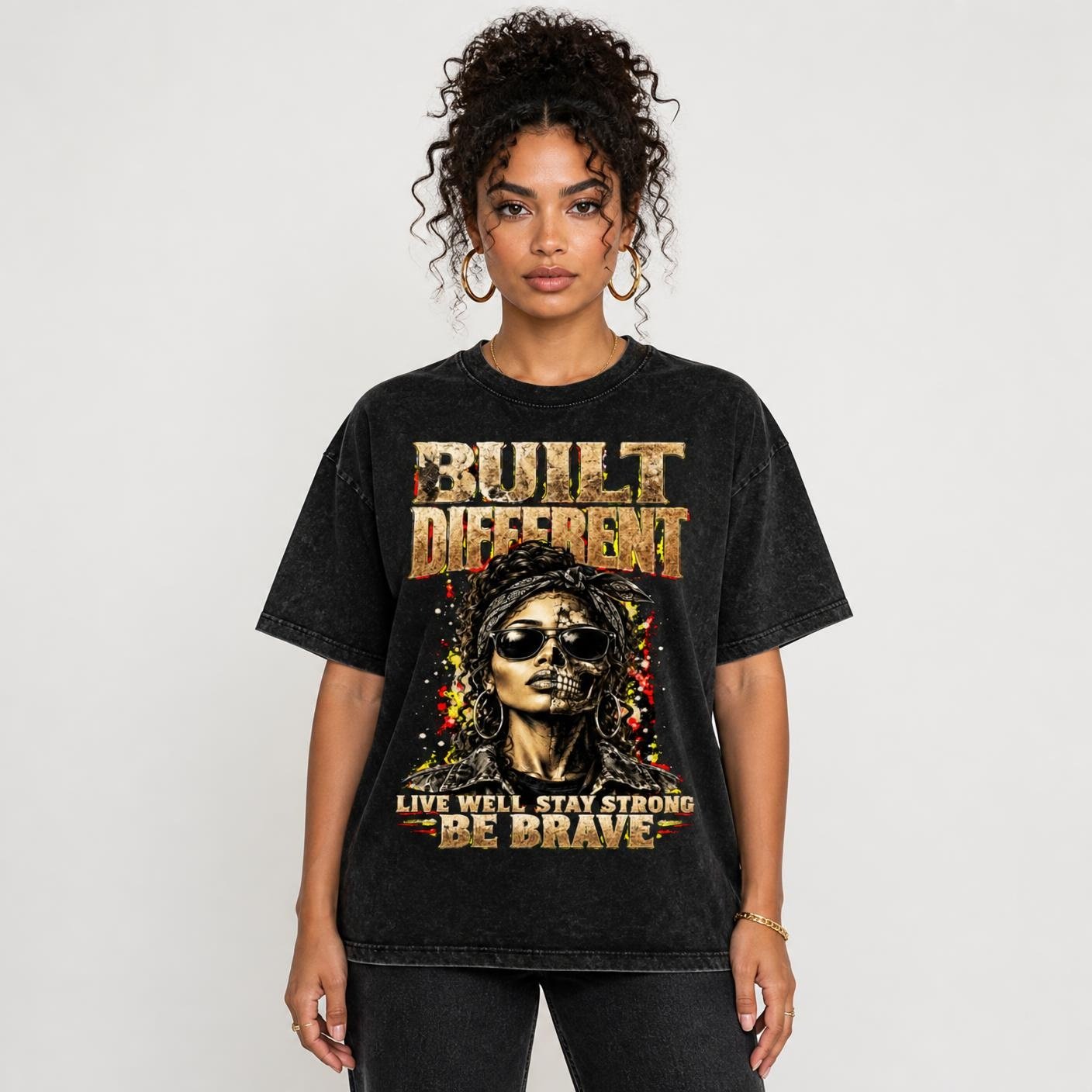 Women’s Built Different: Live Well, Stay Strong, Be Brave Snow Washed Oversized Cotton T-Shirt