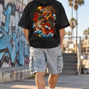 Dragon and Tiger Mythic Clash Snow Washed Hooded Boxy T-Shirt