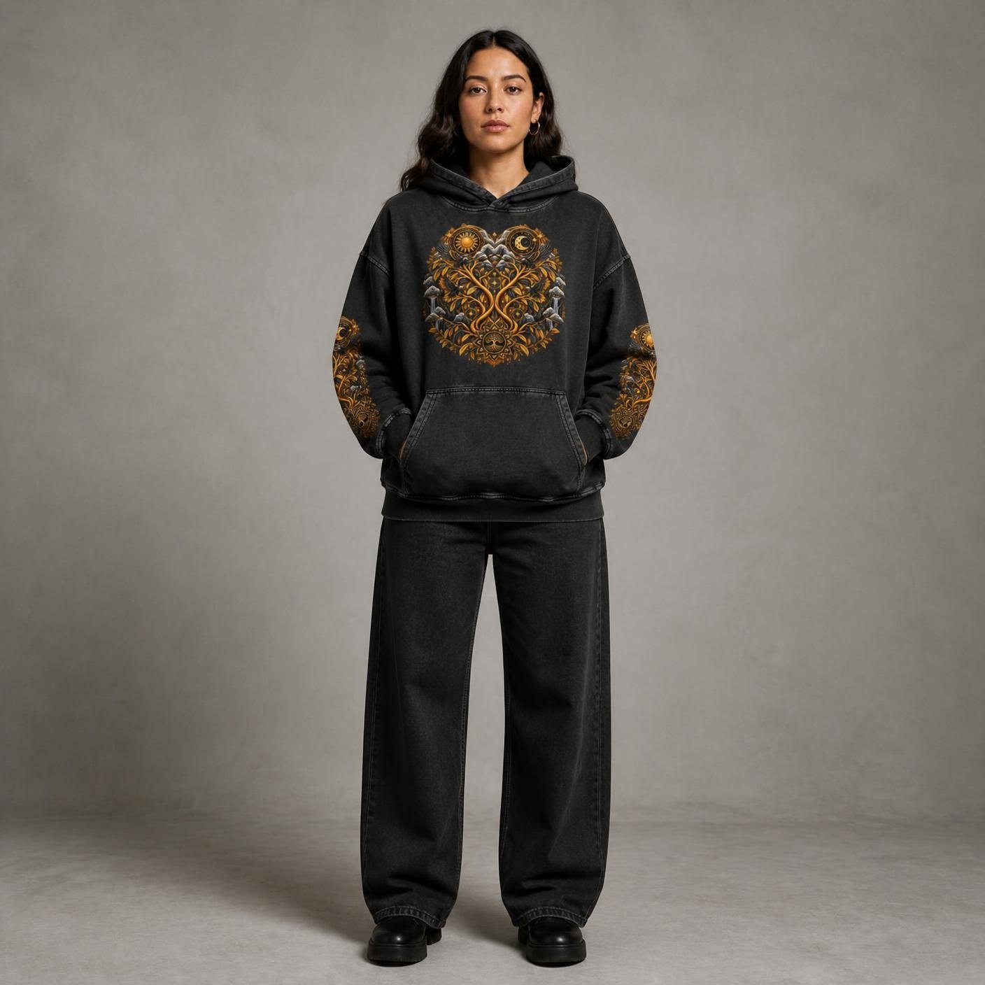 Unified Celestial Tree Snow Washed Loose Cotton Hoodie - Image 6