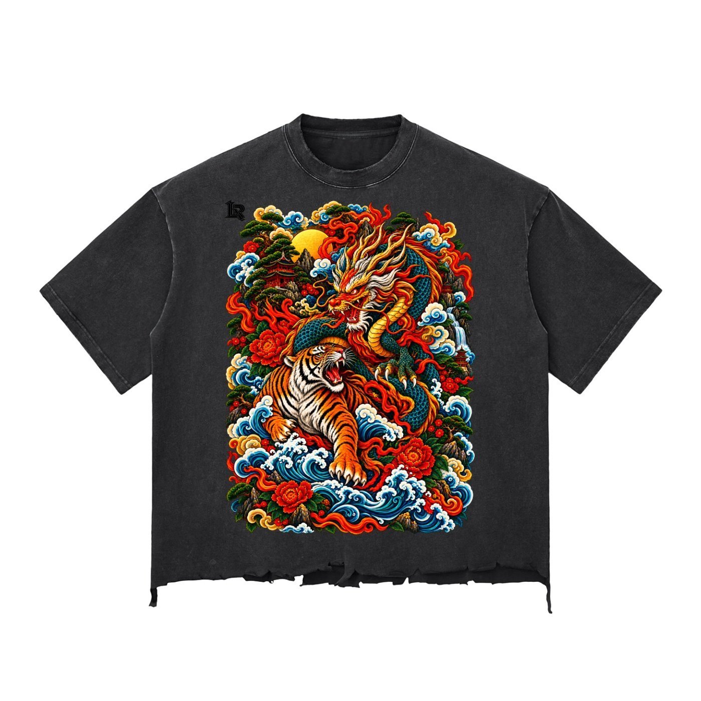Dragon and Tiger Mythic Clash Snow Wash Raw-Hem Boxy T-Shirt - Image 2