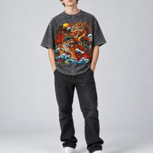 Kids & Teens Dragon and Tiger Mythic Clash – Snow Wash Raw-Hem Boxy T-Shirt
