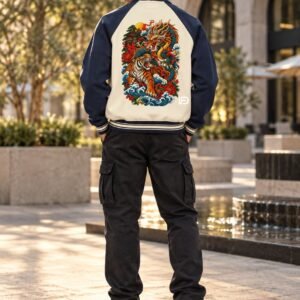 Dragon and Tiger Mythic Clash Contrast Raglan Sleeve Baseball Jacket